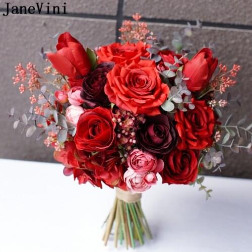 JaneVini Bruid Red Rose Wedding Bouquet Bride Artificial Flower Tulip Silk Bridal Bouquets Retro Bouqet Flowers Accessories 2021
