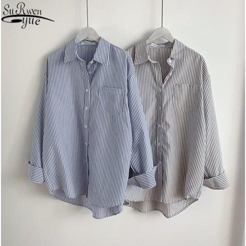 New Office Ladies Striped Shirt Blouses Women Casual Cotton Female Shirts Tops Single-breasted Loose Blouse Femme Blusas 13057