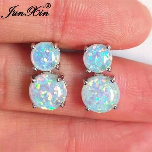JUNXIN White Gold Filled White Fire Opal Earrings For Women Round Double Stone Gourd Stud Earrings Female Wedding Studs