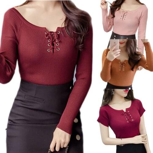New Women Knitted Top Casual Elastic Slim Sexy Cross Knit Bottoming T-Shirts Cotton Tee Sweater