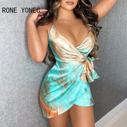 Women Spaghetti Strap Tie Dye Knot Side Wrap Cami Dress Vacation Dress 2021