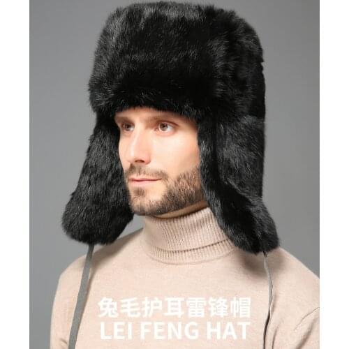 Winter Bomber Hat For Men Rabbit Fur Russian Hat Ushanka Thick Warm Cap With Ear Flaps
