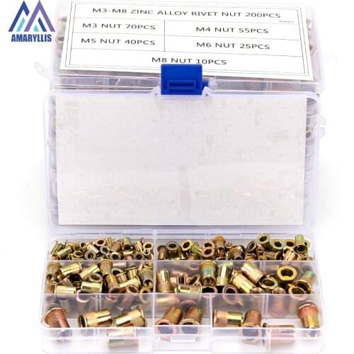 110-200pcs Zinc Rivet Nuts M3 M4 M5 M6 M8 M10 Flat Head Knurled Screw Multi Sizes Zinc-Alloy Rivet-Nuts Assortment Kit S38