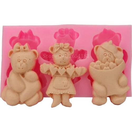 3 hold Cartoon Cute Bear Silicone Fondant Soap 3D Cake Mold Cupcake Jelly Candy Chocolate Decoration Baking Tool Moulds FQ1641