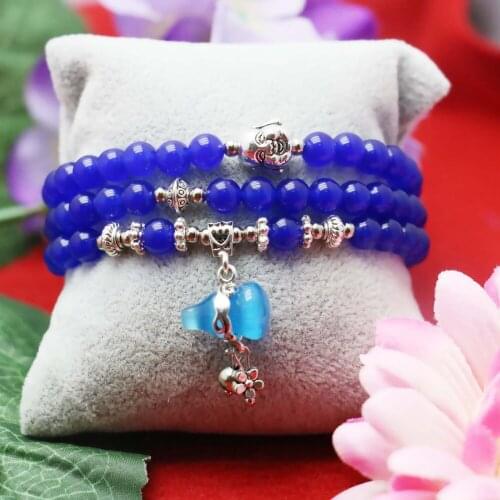 6mm Prevalent Blue Chalcedony beads Crystal Natural stone Bracelet hand chain Gifts women girls Pendant Gourd Tibet Silver Color