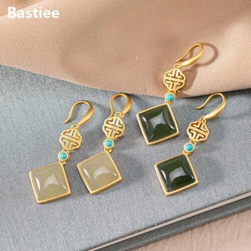 Bastiee Geometric Jade 925 Sterling Silver Dangle Earrings For Women Chinese Knot Turquoise Vintage Jewelry Gold Plated