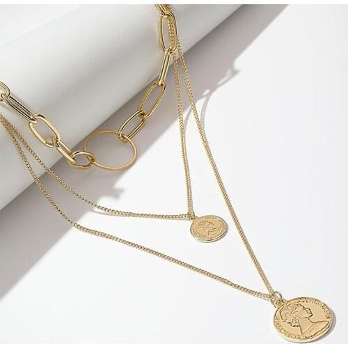 Vintage Triple Layered Chain Necklace for Women Trendy Round Choker Dainty Ladies Coin Disc Beaded Choker Necklaces Jewelry