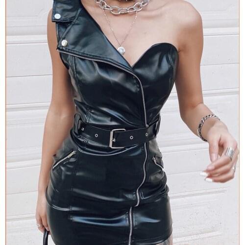 Black Leather Dress Fashion Cool PU Shoulder Strapless Bra Hip Dress Female Summer Party Dress Women Clothes 2020 Gothic Dress