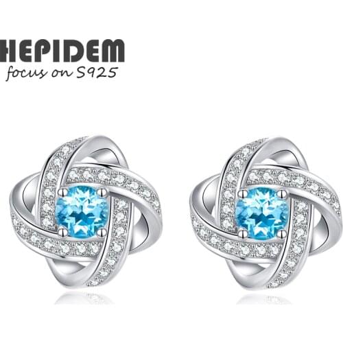 HEPIDEM 100% Really Topaz 925 Sterling Silver Peridot Stud Earrings Women Korean Blue Gemstones Gift S925 Fine Jewelry HJA006