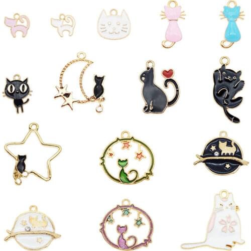 Julie Wang 15PCS Enamel Cat Charms Mixed Styles Alloy Animal Pendants Bracelet Earrings Jewelry Making Accessory