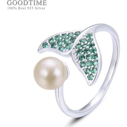 Women Rings Pure 925 Sterling Silver Jewelry Anniversary Open Ring Fishtail Shape Shell Pearl Green Zircon Ring Engagement Ring