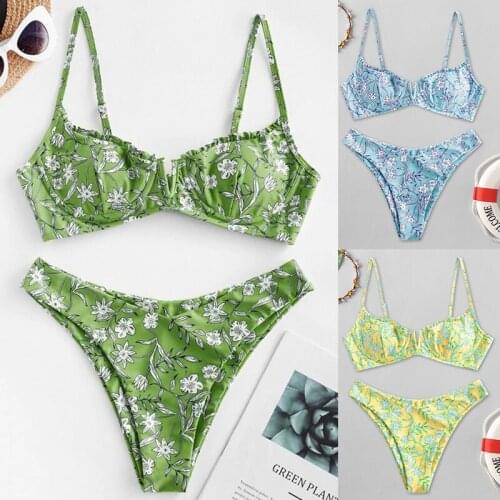 MYTENG Retro Print Bikini Set Sexy Underwire Push Up Swimwear Women Summer High Cut Beachwear Backless Swimsuit New Biqiuni