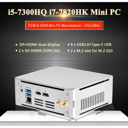Mini PC System Unit Intel i7-7820HK i5-7300HQ 2*DDR4 2*M.2 NVME Gaming Computer Office PC HTPC 4K HDMI DP Type-C AC WiFi