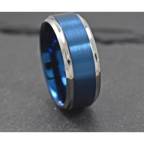 Fashion 8mm Blue Brushed Stainless Steel Mens Ring Silver Color Edge Mens Wedding Band Jewelry Gift Size 6-13