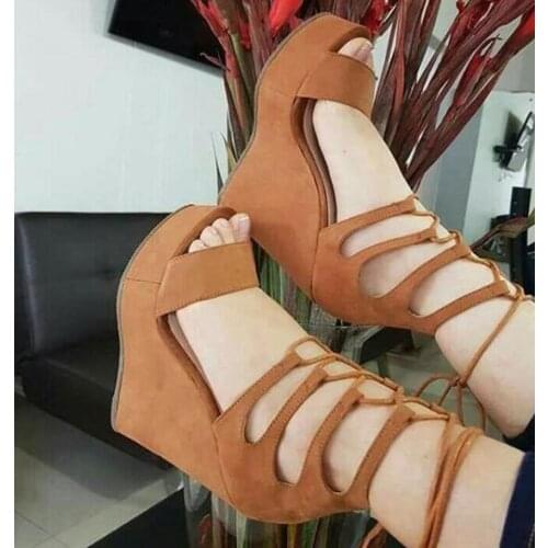 Moraima Snc Fashion Brown Suede High Heel Sandals Sexy Peep Toe Platform Wedge Shoes Woman Summer Cutouts Gladiator Shoe