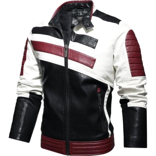 Mens Motorcycle Jacket Leather Striped Patchwork PU Leather Jacket Autumn Winter Slim Jacket Mens High Street Irregular Design