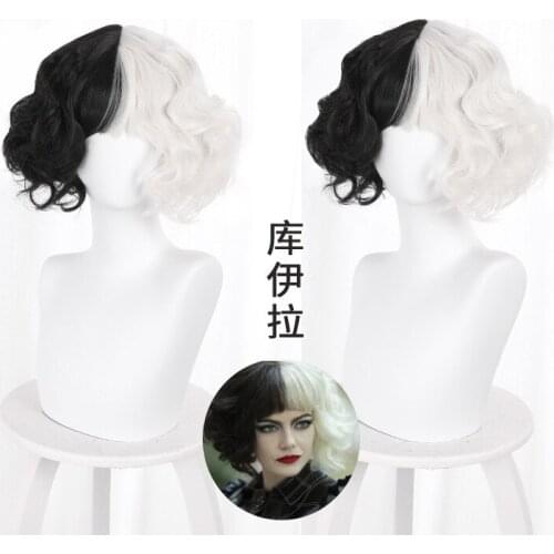 Anime Cruella de Vil Cruella Cosplay Wig Short Black White Hair Woman Curly Wave Wig Retro Girl Costume Wigs Halloween Party