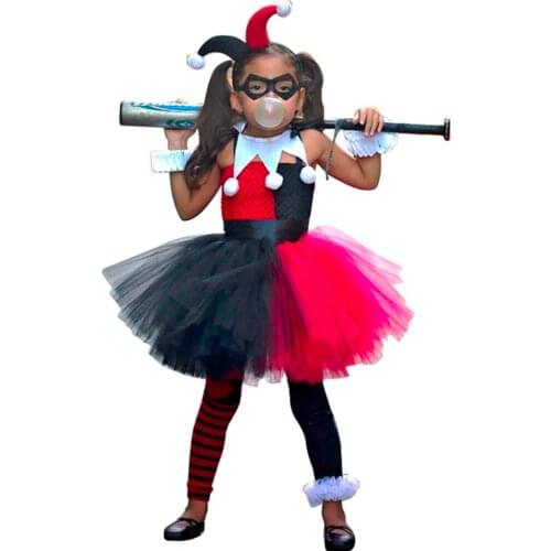Halloween Dress Girls Red Black Toddler Tutu Dress Girls Clown Cosplay costume for kids Carnival Party Costumes Joker Headband