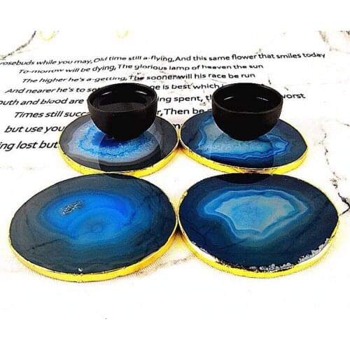 Gold-plated edge natural agate plate crystal coaster jade saucer coffee pad point healing gift
