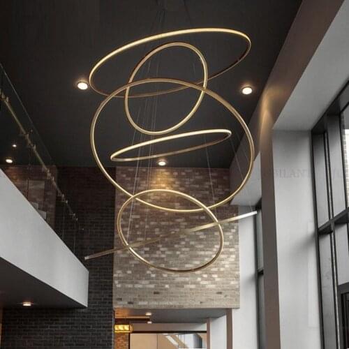 Luxury Golden LED Ring Pendant Lamps Lights For Living Dining Room Duplex Villa Staircase Large Chandelier Circular Ring-shaped