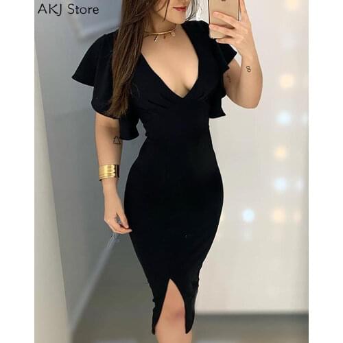 Sexy Deep V Neck Solid Ruffles Design Slit Dress
