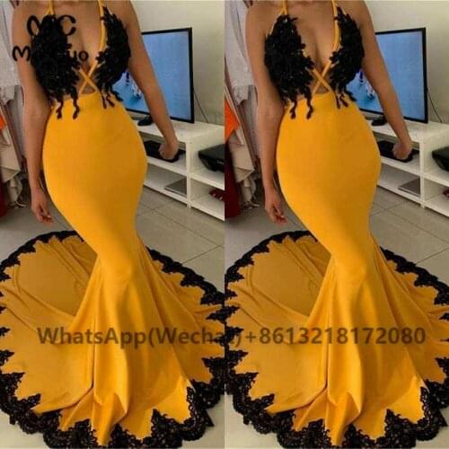 Sexy Gold Yellow African Mermaid Prom Evening Dresses Long with Black Appliques Lace Elastic Satin Womens Evening Gown
