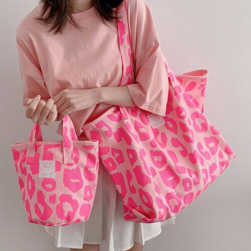 2021 Pink Leopard Womens Shopper Shoulder Bag Fashion Large Capacity Girls Handbags High Quality Casual Female Canvas Totes Bag