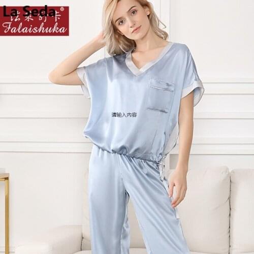 Fresh elegant 100% natural silk pajamas sets women sleepwear short sleeves noble 100% pure silk casual womens pyjamas T8206