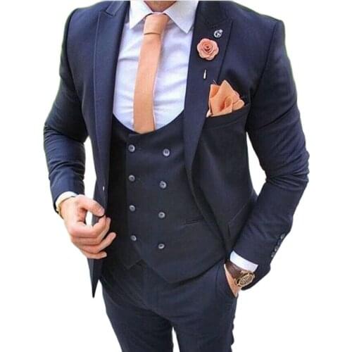 Slim Fits Navy Blue Handsome Groom Tuxedos Peak Lapel Mens Evening Dress Toast Business Suits (Jacket+Pants+Vest+Tie) W:171