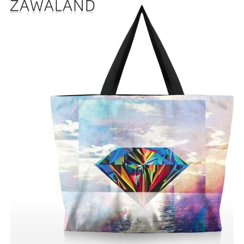 Zawaland Women Diamond Shoulder Bags Canvas Travel Tote Student School Casual Handbag Zipper Reusable Top Handle Bags for Girls