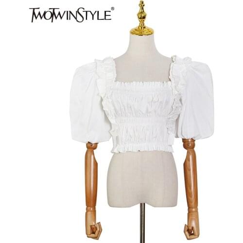 TWOTWINSTYLE Elegant Ruched Short Shirt For Women Square Collar Puff Short Sleeve Tunic Solid Blouse Female Fashion New Summer