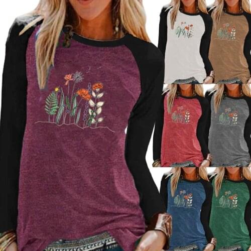 Autumn and Winter Women Clothing Fashion Printing Gtraphic Tee Round Neck Elegent Raglan Long Sleeve Loose Casual Shirt Tops