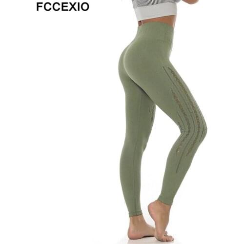 FCCEXIO Women Seamless Workout Leggings Sexy Clothes Workout Jeggings Fitness Legging Super Stretchy Hollow Out Gym Legging