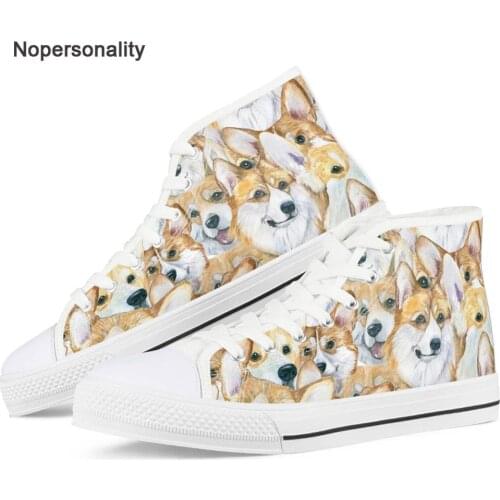 Nopersonality Cute Corgi Dog Print High Top Canvas Shoes for Women Leisure Female Canvas Sneakers Classic Ankle Flat Shoes