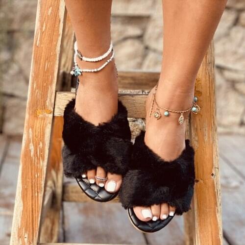 Women Fluffy Fur Slippers 2020 Ins Hot Woman Slides Ladies Fashion Flats Female Shoes Womens Soft Footwear Plus Size 36-43