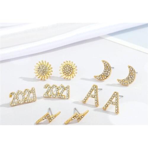1 Pair Moon Lightning Letter Stud Earrings For Women Gift Jewelry Fashion Hollow Blingbling Zircon Sun Flower Pierced Earring