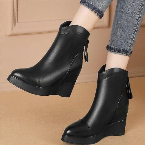 High Top Fashion Sneakers Women Genuine Leather Wedges High Heel Ankle Boots Female Pointed Toe Platform Oxfords Casual Shoes