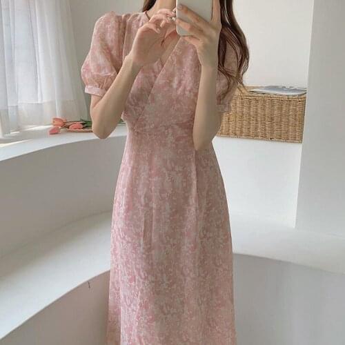 Pink Floral Print Summer Party Dress Women V-Neck Short Sleeve Elegant High Waist Long Midi Dress Slim Office Lady Chiffon Dress