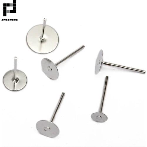 BASEHOME 100pcs/lot 316L Stainless Steel Blank Post Earring Studs Pins 3-12mm Flat Round Tray Base Ear Jewelry Findings DIY