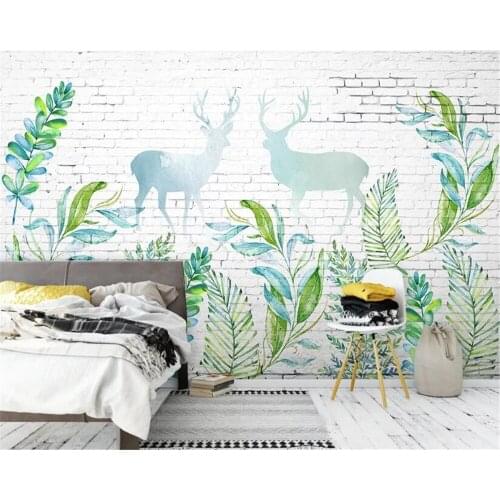 Beibehang Modern minimalist white brick wall tree leaves elk bedroom sofa background wall custom decorative painting wallpaper