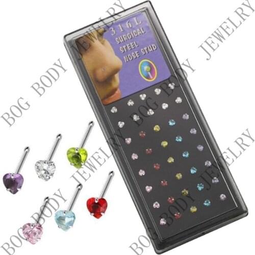 BOG-40 Piece Steel Nose Stud Piercing Ring With Prong Set 3mm Heart Shape CZ Gem Crystal 20G -6 Colors Mixed