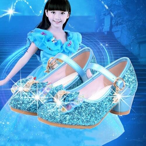 Princess Kids Leather Shoes For Girls Flower Casual Glitter Children High Heel Girls Shoes Butterfly Knot Blue Pink Silver