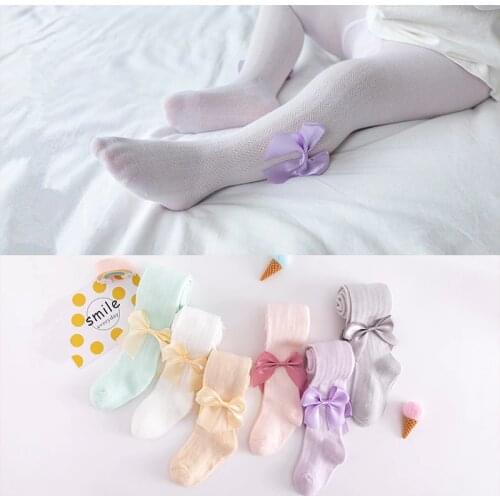 Breathable Infant Baby Girls Tights Summer Knitted Cotton Baby Toddler Stockings Soft Cute Solid Bowknot Pantyhose For Girl