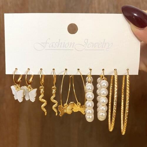EN Bohemian Gold Snake Butterfly Drop Earrings Set For Women Pearl Acrylic Dangle Earrings 2021 Trend Set of Earrings Jewelry