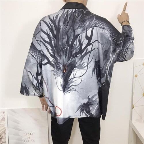 Dragon robe kimono vintage crane loose chinese style HipHop trend streetwear Fashion seven-point sleeve cardigan shirt thin coat