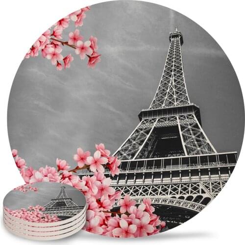 Cherry Blossom Paris Tower Ceramic Coasters Waterproof Tea Cup Mat Christmas Home Decor Coasters for Glasses