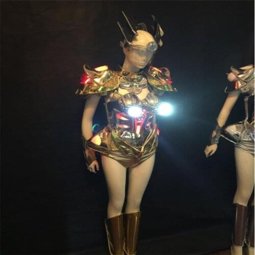 KS04 Party stage show wears led costumes luminous robot women suit dj perform dress armor gold mirror clothe dance outfits hats
