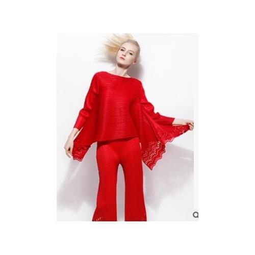 HOT SELLING Fashion fold SOLID three quarter o-neck T-shirt + leisure nine points bell-bottomed pants HOLLOW OUT suit IN STOCK