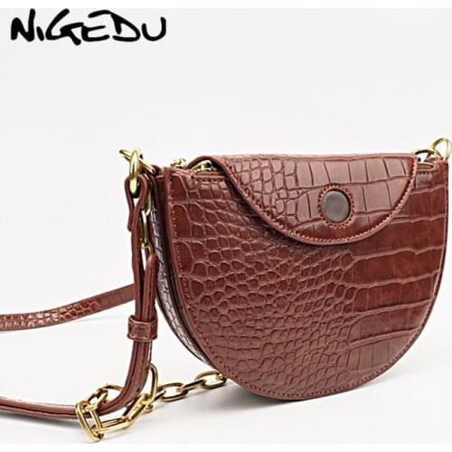 NIGEDU Fashion Alligator Leather Saddle Bag Luxury Women Shoulder Bags Small Round Handbag Female chain sling Crossbody Bags
