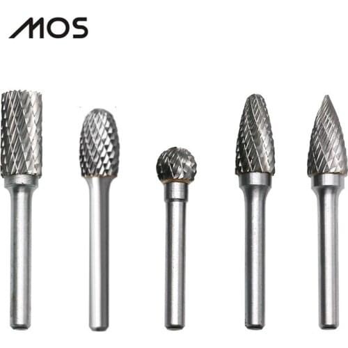 MOS 5PCS Tungsten Carbide Rotary Burr Set 6mm Shank Double Cut Drill Bit Wood Grinding 6 x 12 mm Rotary Dremel Tools Electric